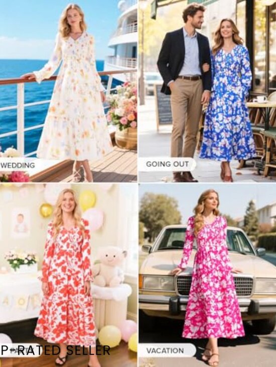 Floral Boho Maxi Dress Long Sleeve V Neck A Line Flowy Wedding Guest - Picture 6 of 7